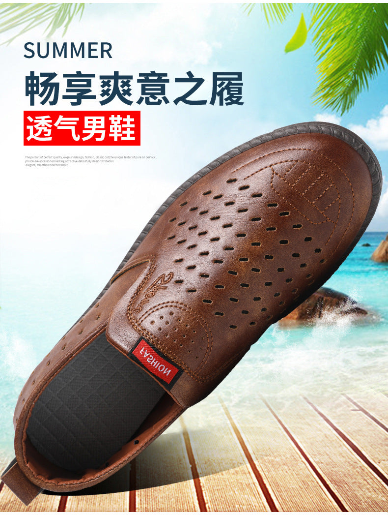 Hollow-Out Leather Shoes for Men, Summer Breathable Soft Leather Low-Top Business Casual Versatile Slip-On Perforated Dad Shoes