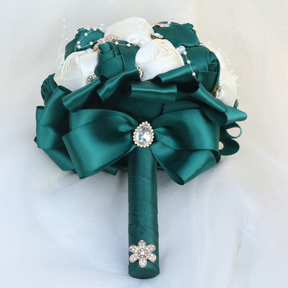 Amazon Supply Dark Green Bride Bridesmaid Simulated Satin Rose Bouquet Church Wedding Supplies Wholesale