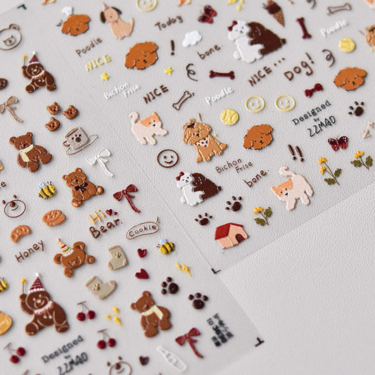 Cute Puppy Bear Nail Art Sticker Tomoni Embossed Adhesive 5D Cute Pet Nail Sticker Nail Art Decoration