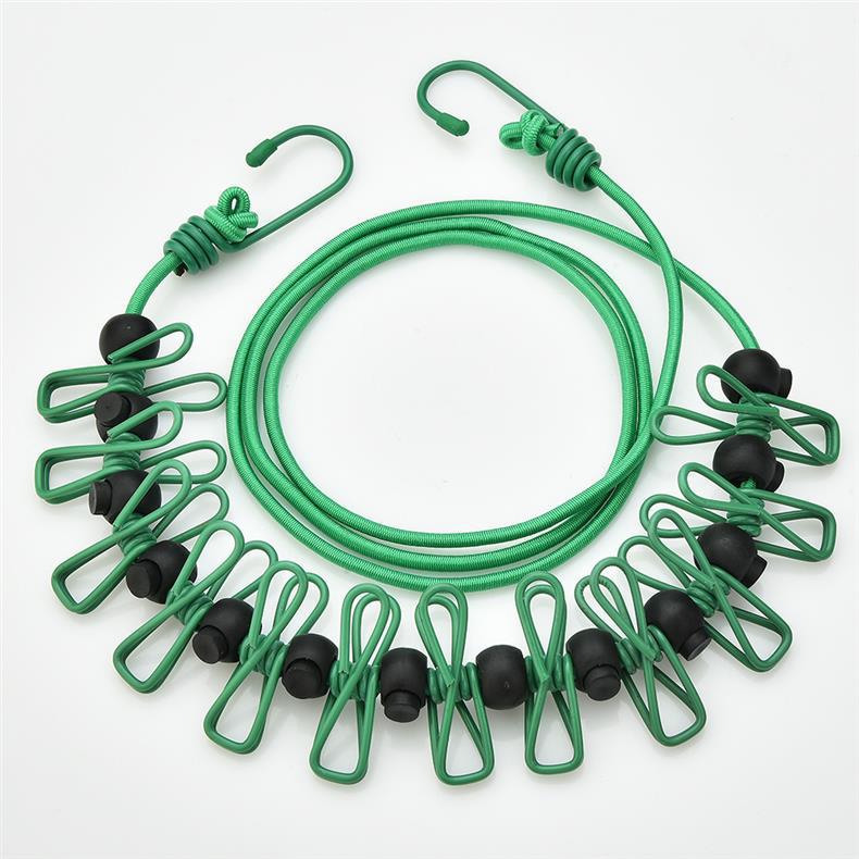 Creative Outdoor Elastic Windproof Clothesline with Positioning Clips, Korean Style Clothesline with 12 Windproof Clips