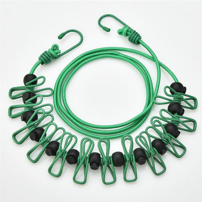 Creative Outdoor Elastic Windproof Clothesline with Positioning Clips, Korean Style Clothesline with 12 Windproof Clips