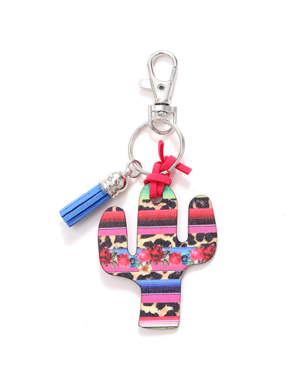 New Wooden Cactus Keychain Leopard Flower Rainbow Sunflower Striped Printed Bag Car Pendant