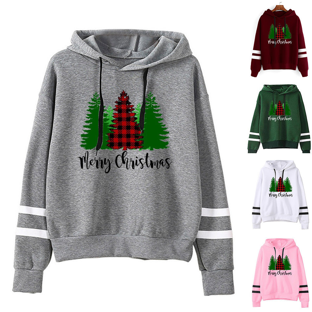 Foreign Trade Cross-border Red Plaid Christmas Tree Merry Christmas Printed Parallel Bars Striped Sweat Europe and America
