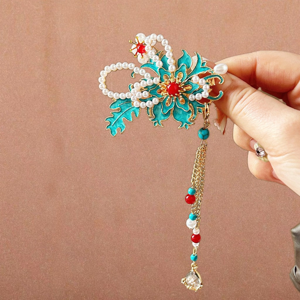 Antique Style Burned Blue Cloud Pearl Hairpin New Chinese Tassel Side Clip Advanced Sense Clip Hair Accessories Headwear Hair Clip
