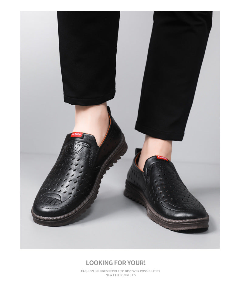 Hollow-Out Leather Shoes for Men, Summer Breathable Soft Leather Low-Top Business Casual Versatile Slip-On Perforated Dad Shoes