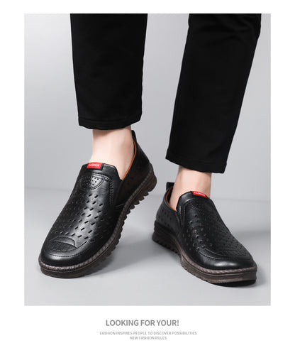 Hollow-Out Leather Shoes for Men, Summer Breathable Soft Leather Low-Top Business Casual Versatile Slip-On Perforated Dad Shoes