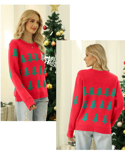 Shein Amazon European and American Clothing Autumn and Winter Pullover Jacquard Christmas Tree Knitwear Long-Sleeved Red Christmas Knitwear