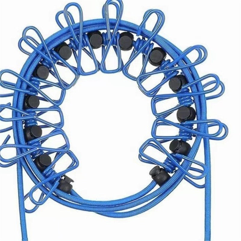 Creative Outdoor Elastic Windproof Clothesline with Positioning Clips, Korean Style Clothesline with 12 Windproof Clips