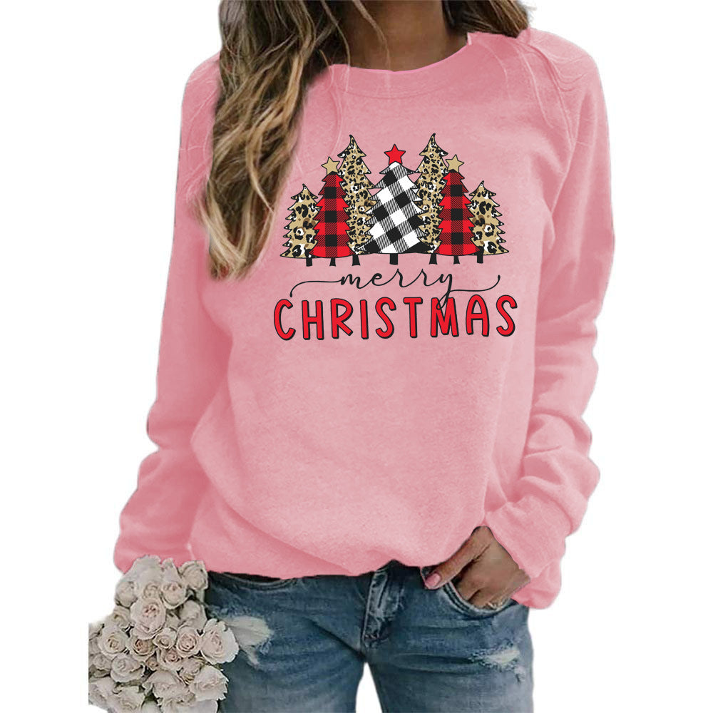 Plaid Christmas Tree merry Christmas Printed Round Neck Sweat European and American Women's Autumn and Winter Top Cross Border