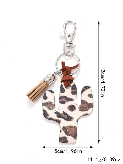 New Wooden Cactus Keychain Leopard Flower Rainbow Sunflower Striped Printed Bag Car Pendant