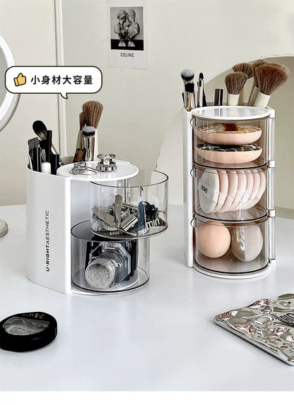 Puff Storage Box Rotating Dustproof Dressing Table Desktop Beauty Makeup Egg Air Cushion Lipstick Makeup Brush Storage Cylinder Storage Rack