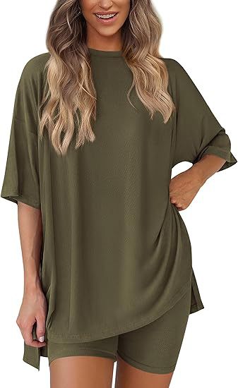 Cross-border foreign trade Amazon 2025 new women's casual round neck split loose shorts short sleeve home clothes suit