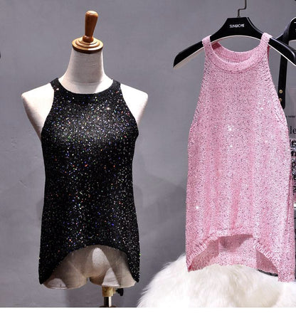 All-Match Summer New Sexy Shoulder Hanging Halter Sequin Strap Ware Shoulder Flash Knitted Hollow Vest Top for Women