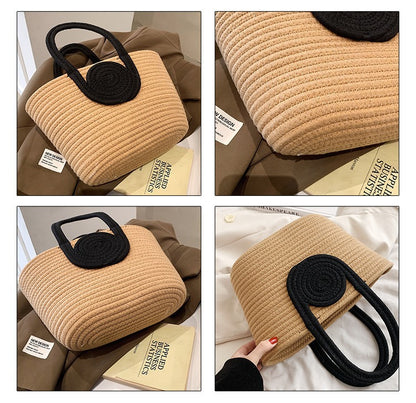 Contrast Cotton Rope Woven Handbag Women's Bag Korean Style Bag New Large Capacity Stylisse Handbag All-match Tote Bag