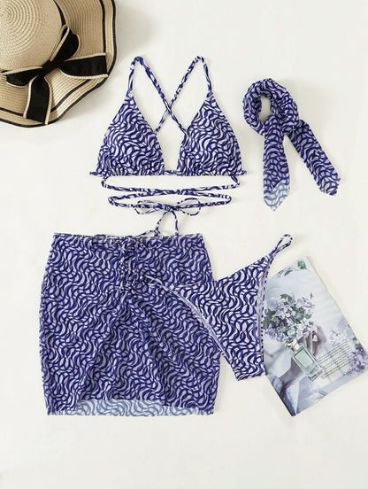 2025 European and American New Drawstring Straps Sexy Three-Piece Swimsuit Bikini Bikini with Veil Cross-Border