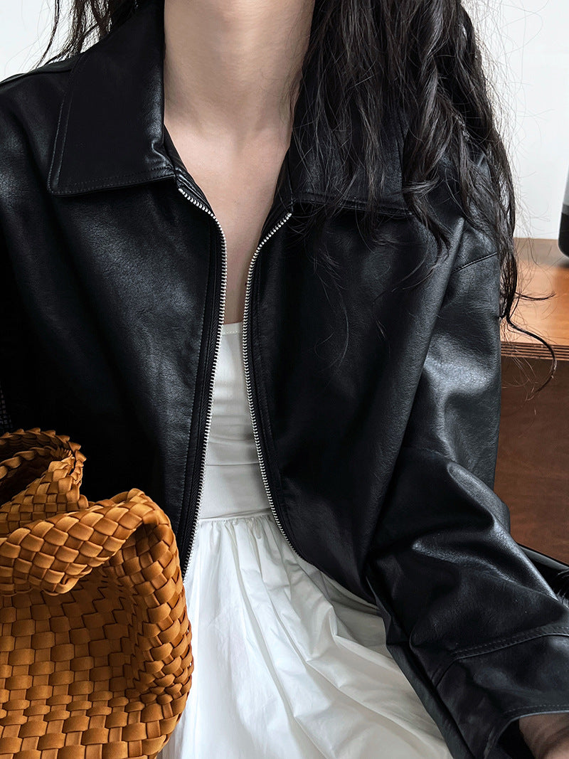 cool handsome high sense ~ lapel leather coat women's spring and autumn Hong Kong style PU leather jacket motorcycle top trendy 9595