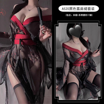Floral Lingerie Uniform Pure Desire No Need to Take Off Printed Black Japanese Kimono Clothing Set Women A520 Erotic Kimono