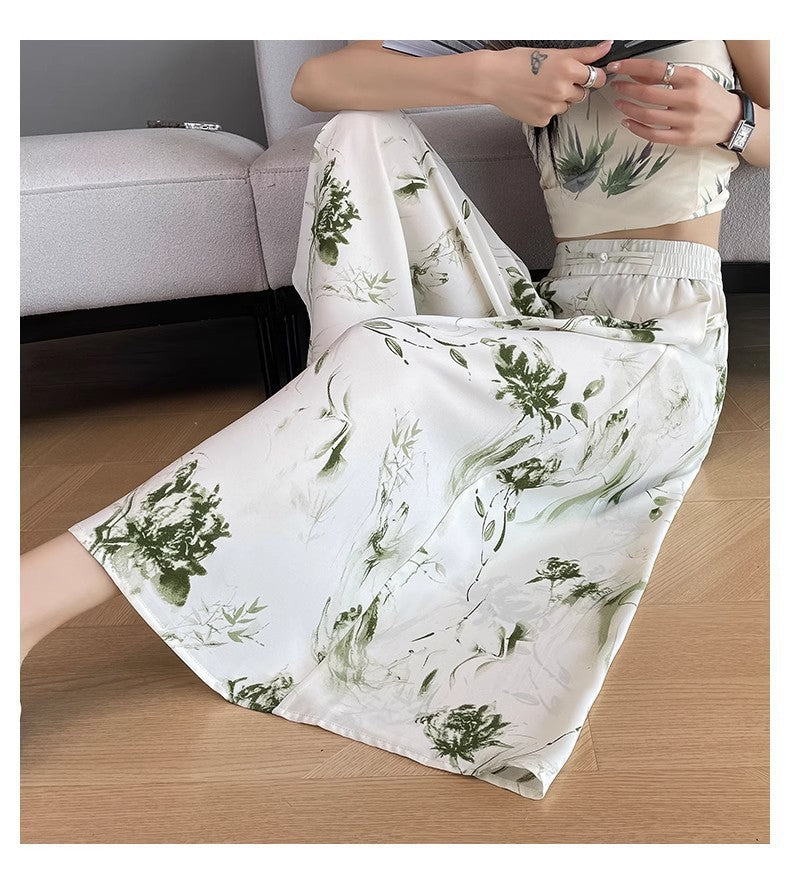 2025 Summer Thin Chiffon Wide-Leg Pants Women's Cropped Culottes Elastic Waist Small National Style Pants New Style Skirt