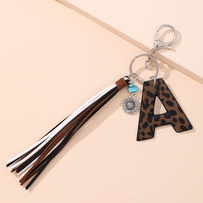 New Western Denim Style Leopard Oil-trimmed Leather Letter A Korean Velvet Tassel Combination Keychain Pendant Bag