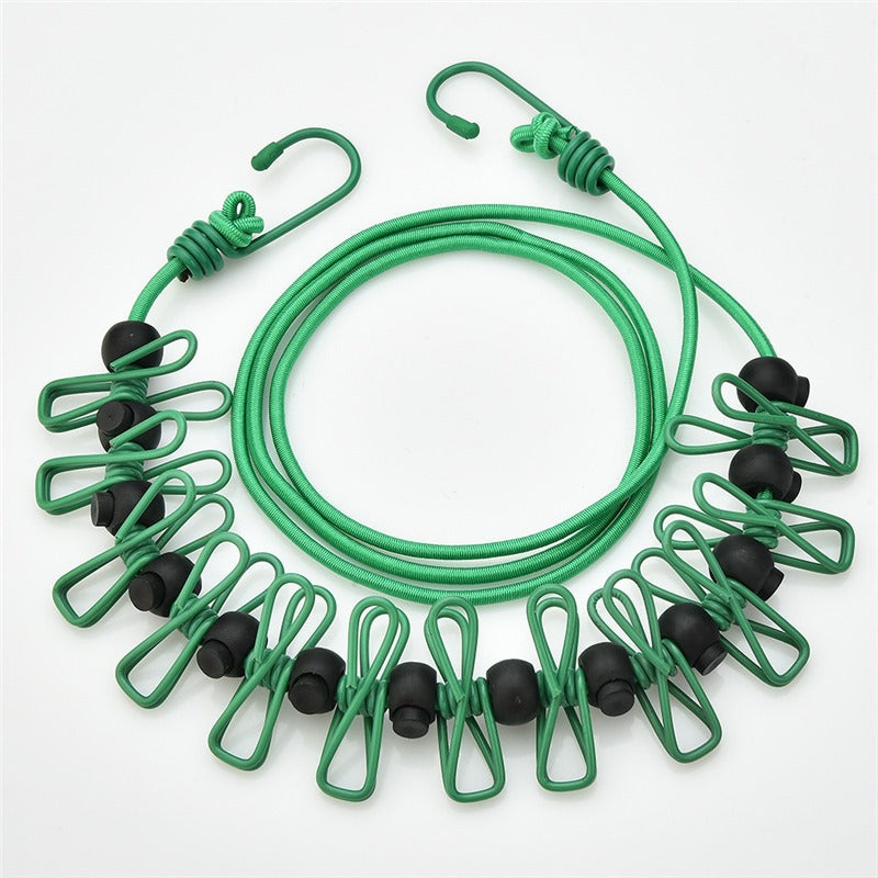 Creative Outdoor Elastic Windproof Clothesline with Positioning Clips, Korean Style Clothesline with 12 Windproof Clips