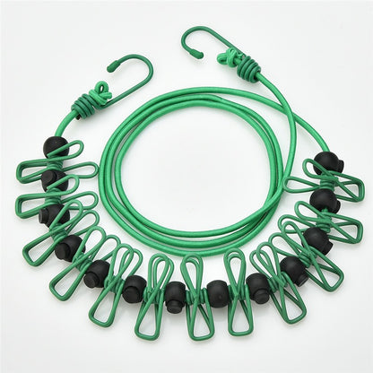 Creative Outdoor Elastic Windproof Clothesline with Positioning Clips, Korean Style Clothesline with 12 Windproof Clips