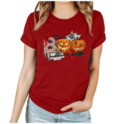 Cartoon Halloween Pumpkin Print Cross-Border Spring and Summer New Spot Multi-Color Cvc Pull-Up 180g Round Neck Short Sleeves