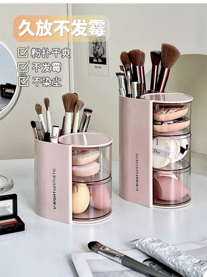 Puff Storage Box Rotating Dustproof Dressing Table Desktop Beauty Makeup Egg Air Cushion Lipstick Makeup Brush Storage Cylinder Storage Rack