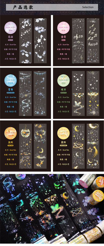 Retrostory Rainy Night Series Laser Tape Stickers with Silver White Die-Cut Pet Tape for Journaling and Ins Material Stickers