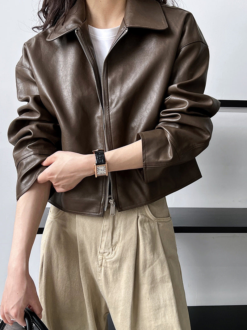 cool handsome high sense ~ lapel leather coat women's spring and autumn Hong Kong style PU leather jacket motorcycle top trendy 9595