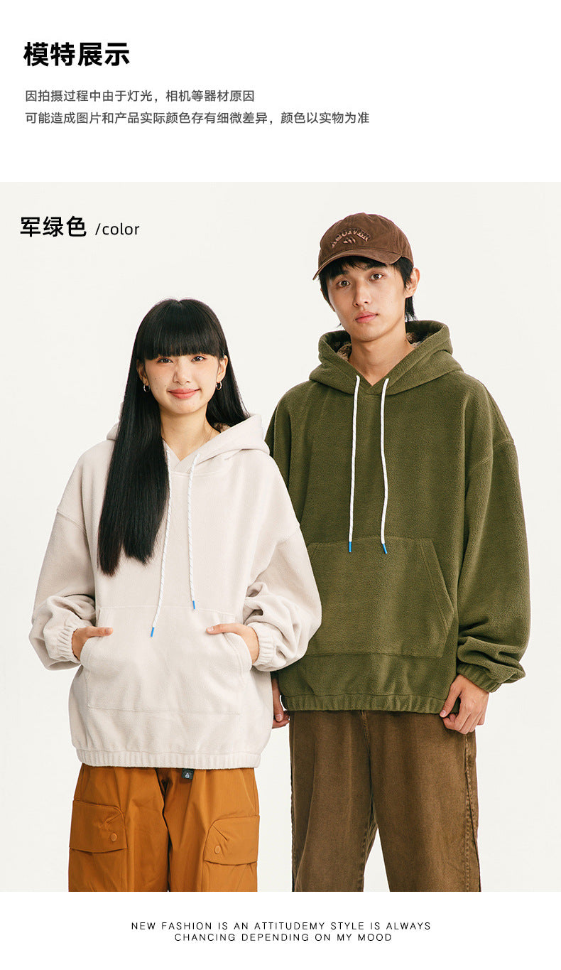 Black Fleet American Casual Style Unisex Versatile Hooded Warm Top Couple Style Hiking Fleece Solid Color Sweatshirt