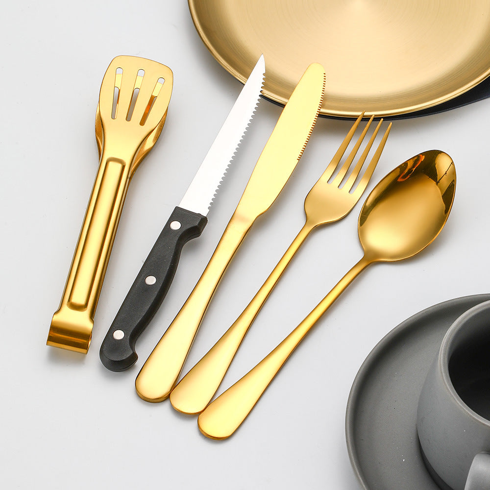 Amazon Outdoor Stainless Steel Tableware Steak Knife and Fork Spoon Barbecue Clip Plate 10-piece Travel Camping Set
