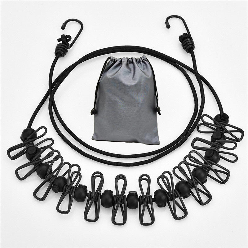 Creative Outdoor Elastic Windproof Clothesline with Positioning Clips, Korean Style Clothesline with 12 Windproof Clips