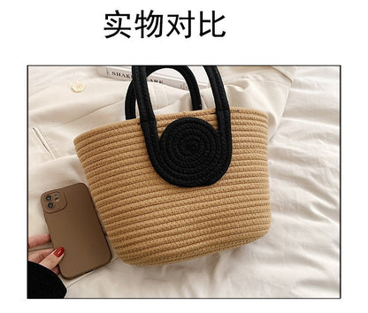 Contrast Cotton Rope Woven Handbag Women's Bag Korean Style Bag New Large Capacity Stylisse Handbag All-match Tote Bag