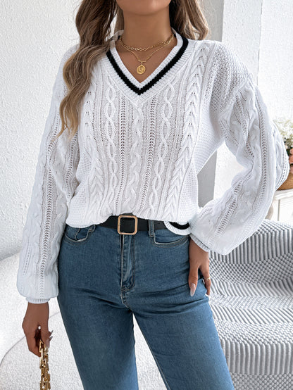 2025 New Autumn and Winter European and American Preppy Style Color-Blocked V Neck Twist Lantern Long-Sleeved Sweater Amazon Cross-Border Women's Clothing