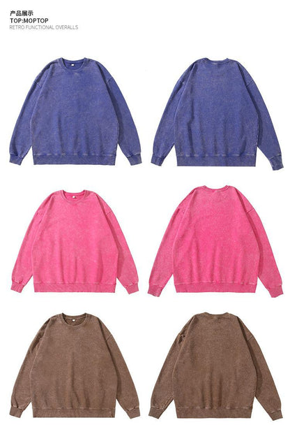 Trendy Brand Heavyweight Pure Cotton Terry 400g Washed Distressed Crew Neck Sweatshirt Hoodie Retro Sweatshirt with Printed Logo