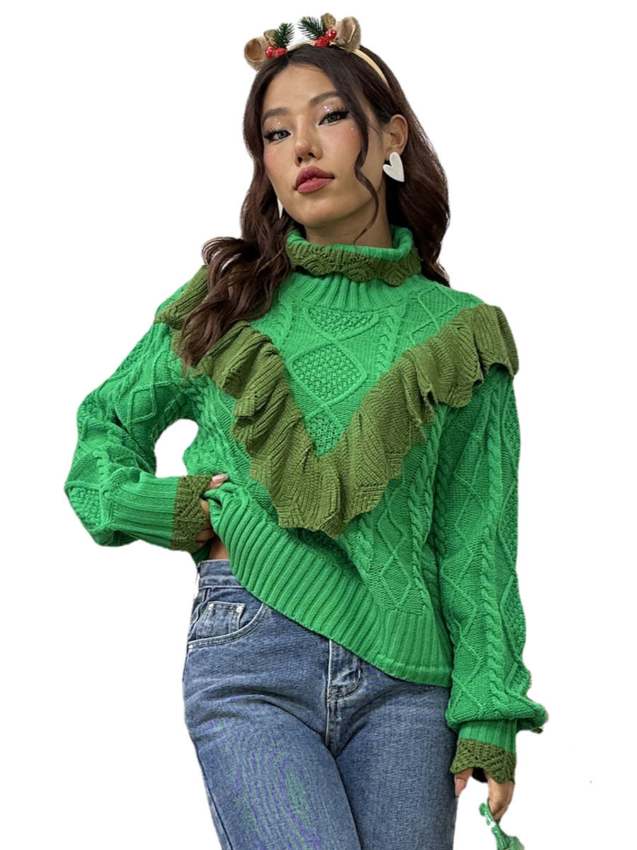 Amazon 2023 new Christmas half turtleneck sweater women's autumn and winter ruffled twisted pullover sweater women