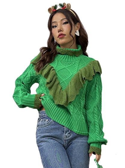 Amazon 2023 new Christmas half turtleneck sweater women's autumn and winter ruffled twisted pullover sweater women
