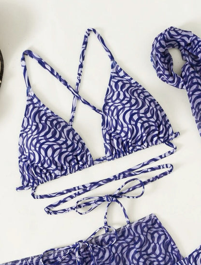 2025 European and American New Drawstring Straps Sexy Three-Piece Swimsuit Bikini Bikini with Veil Cross-Border