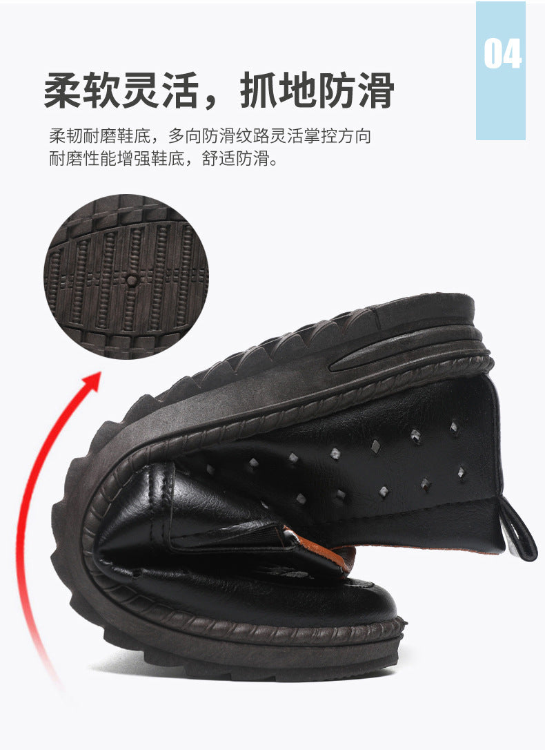 Hollow-Out Leather Shoes for Men, Summer Breathable Soft Leather Low-Top Business Casual Versatile Slip-On Perforated Dad Shoes