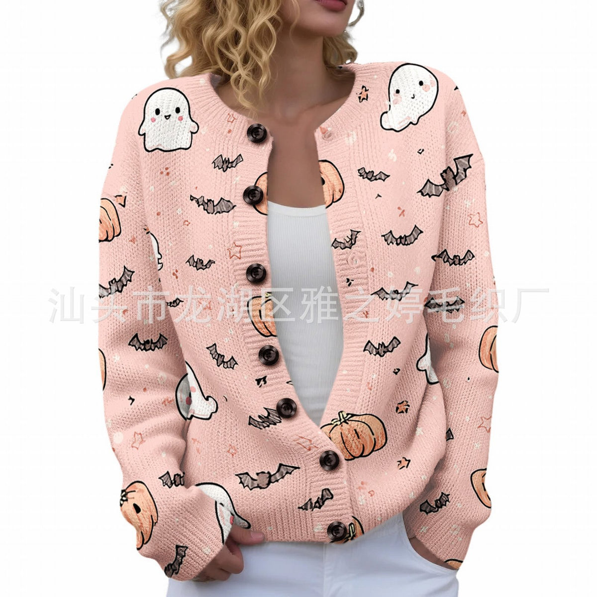 Ll-Yk1 Halloween Cardigan Round Neck Long-Sleeved 3D Printed Sweater European and American Cross-Border Casual Women's Clothing Amazon Theme