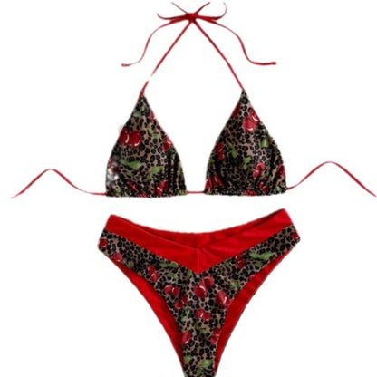 Amazon New Split Swimsuit Women Sexy Red Leopard Cherry Print European and American Bikini Foreign Trade Swimsuit