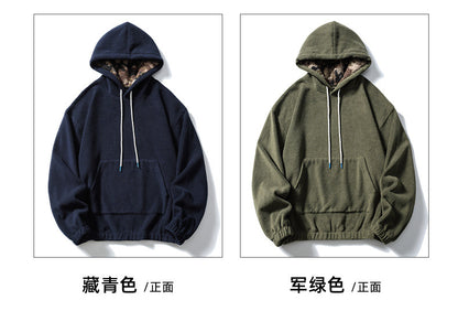Black Fleet American Casual Style Unisex Versatile Hooded Warm Top Couple Style Hiking Fleece Solid Color Sweatshirt