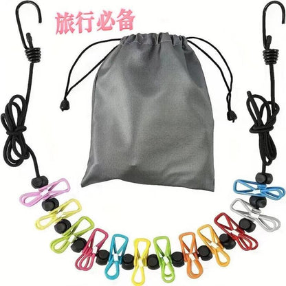 Creative Outdoor Elastic Windproof Clothesline with Positioning Clips, Korean Style Clothesline with 12 Windproof Clips