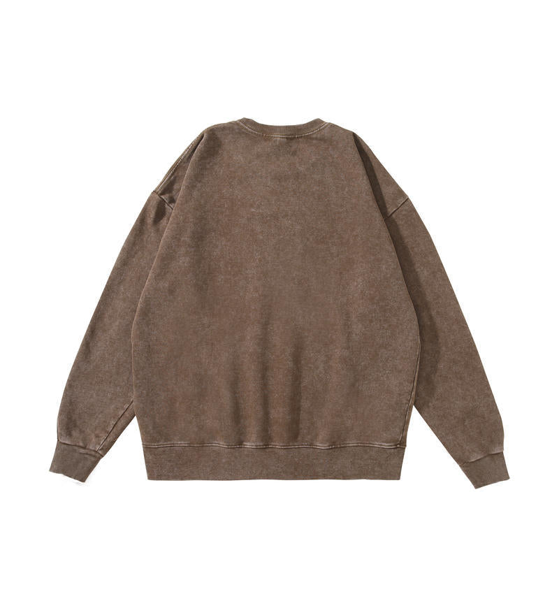 Trendy Brand Heavyweight Pure Cotton Terry 400g Washed Distressed Crew Neck Sweatshirt Hoodie Retro Sweatshirt with Printed Logo