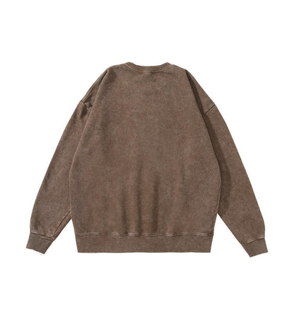 Trendy Brand Heavyweight Pure Cotton Terry 400g Washed Distressed Crew Neck Sweatshirt Hoodie Retro Sweatshirt with Printed Logo