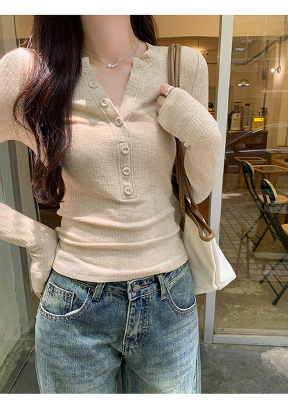 European in stock Korean Style Lazy Relaxation Inner Base T-shirt Women's Early Autumn New Style Elegant Slim-fit Half-open Collar