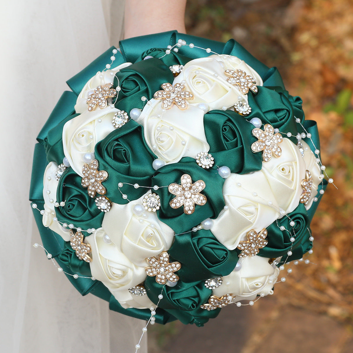 Amazon Supply Dark Green Bride Bridesmaid Simulated Satin Rose Bouquet Church Wedding Supplies Wholesale