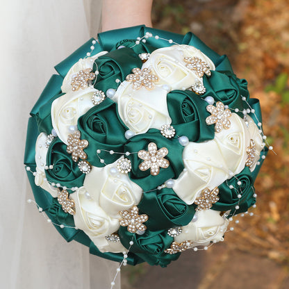 Amazon Supply Dark Green Bride Bridesmaid Simulated Satin Rose Bouquet Church Wedding Supplies Wholesale
