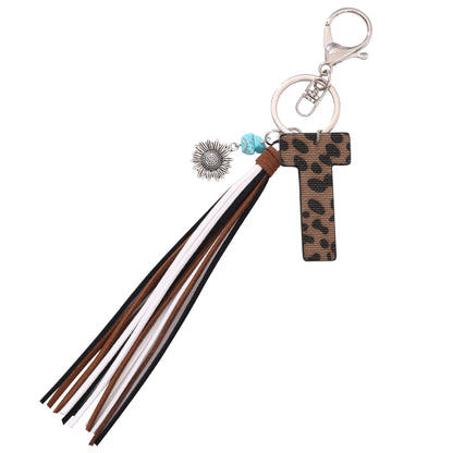 New Western Denim Style Leopard Oil-trimmed Leather Letter A Korean Velvet Tassel Combination Keychain Pendant Bag