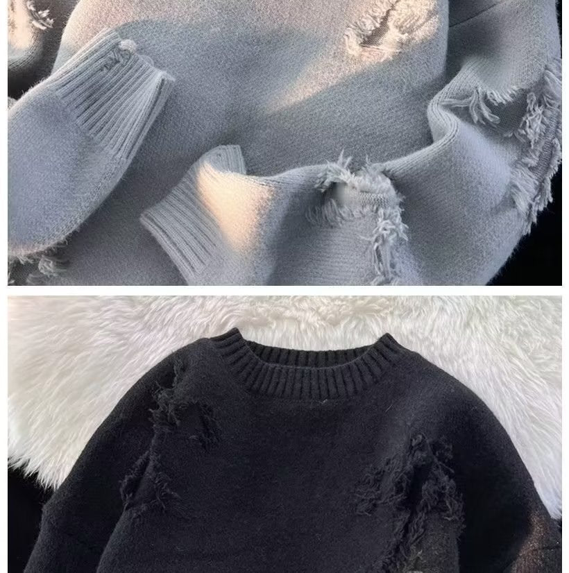 Autumn and Winter ripped sweater men's round neck pullover fashion brand High Street American Retro Japanese youth sweater